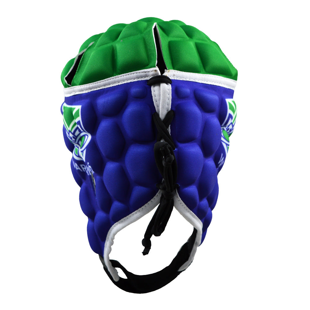 Green and blue headguard with a brand logo on a white background