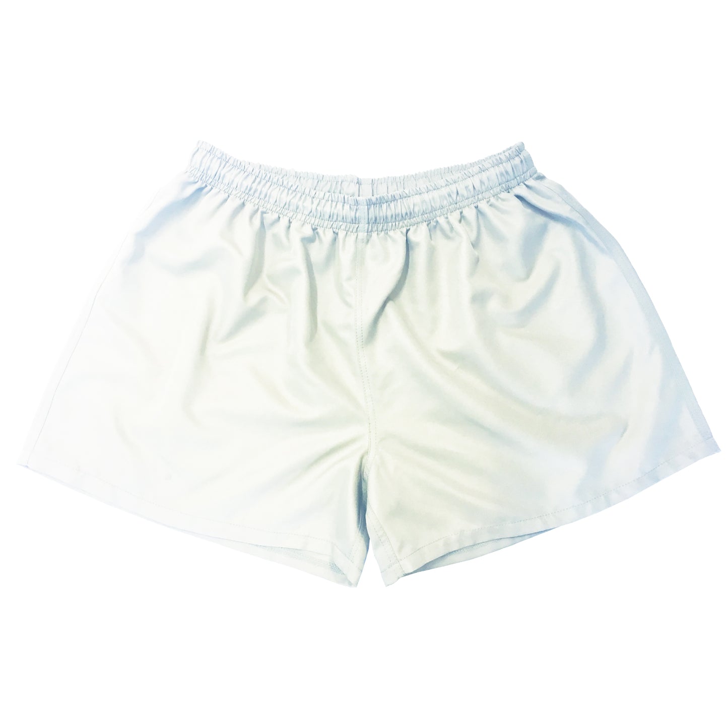 Silver Fern White Rugby Shorts. Laying Flat. White Background.