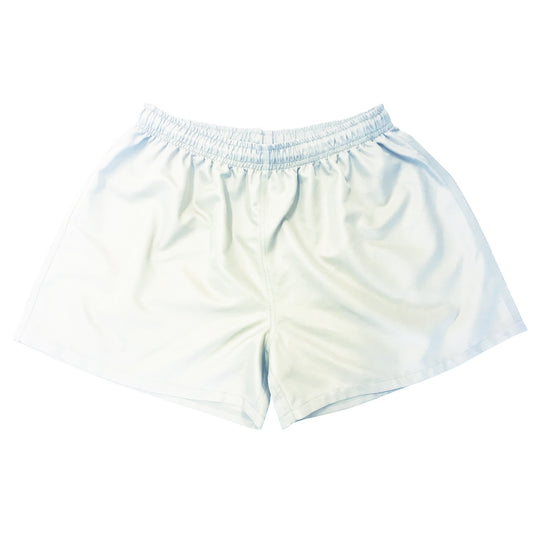 Silver Fern White Rugby Shorts. Laying Flat. White Background.